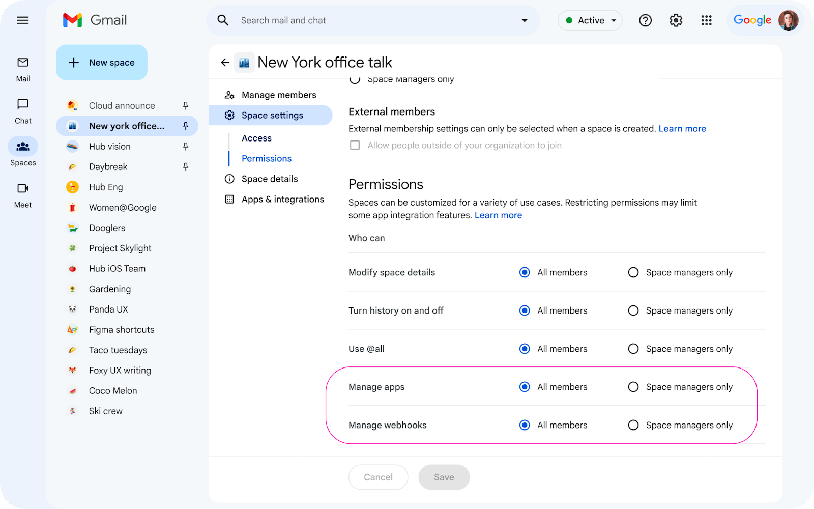v2-The new “Manage apps” and “Manage webhooks” options