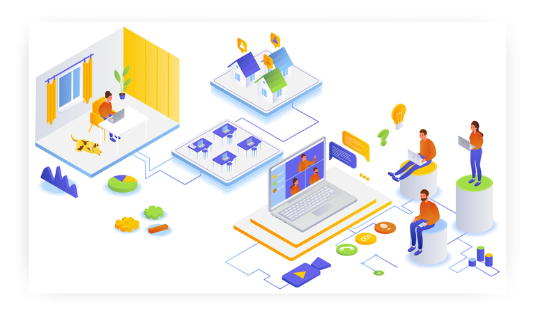 People working remotely from home, flat vector isometric illustration. Home office, freelance, webinar, video conference