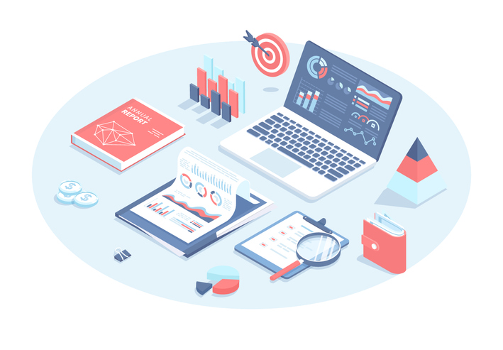 Financial research and report. Audit results. Company document with charts and business information. Vector illustration in 3d design. Isometric web banner.