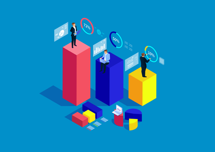 Businessman standing on bar chart analyzing and stats