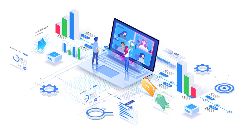 The concept of video conferencing, web communication. Team meeting online. Workspace page for video conferences and online meetings. Man, woman work remotely and conduct a corporate virtual discussion