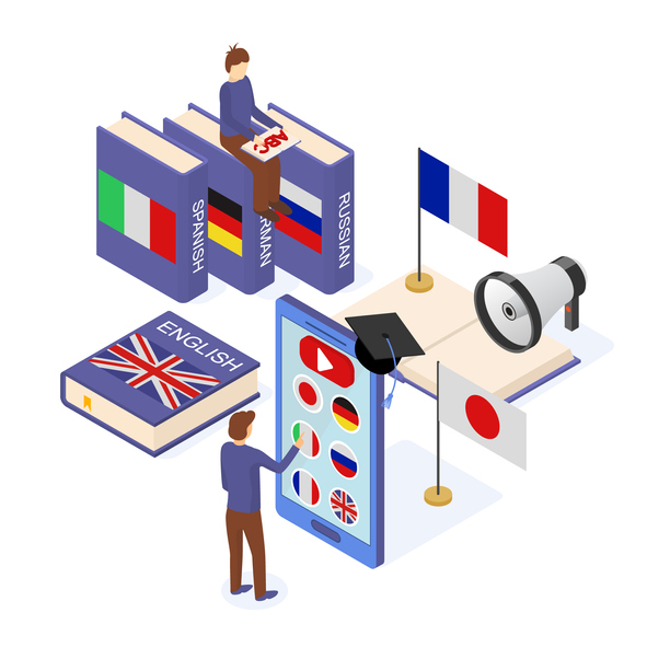 Language School Infographics Concept 3d Isometric View. Vector