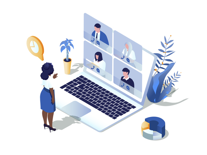 Video conference concept 3d isometric web scene. People communicates online and discuss tasks via video call, working distance at virtual group chat. Vector illustration in isometry graphic design