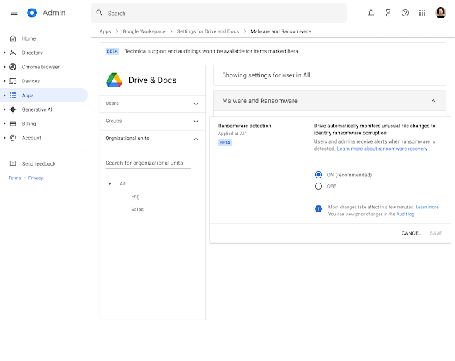 Admin console setting for ransomware detection