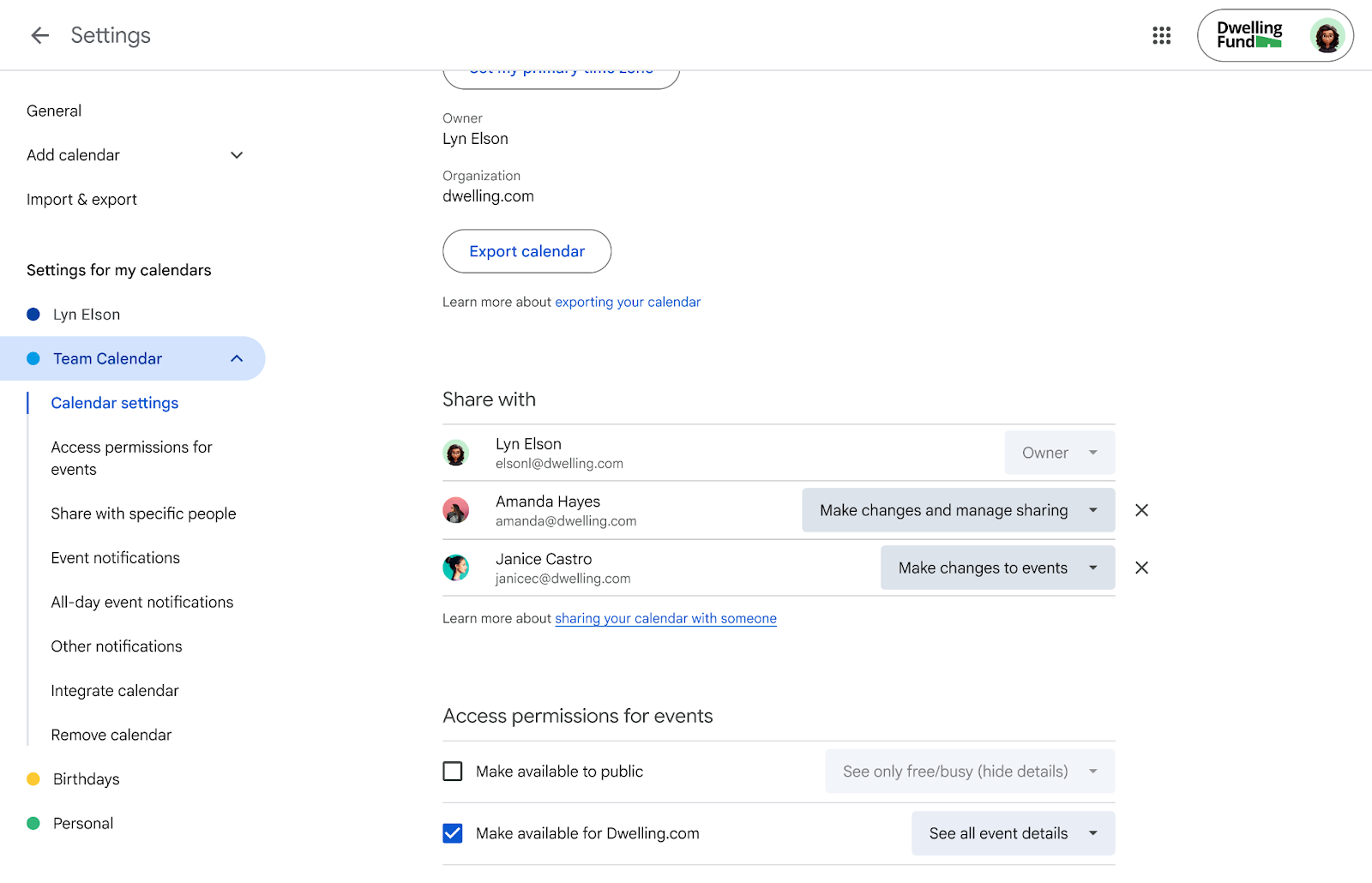 How the owner is shown in Calendar settings