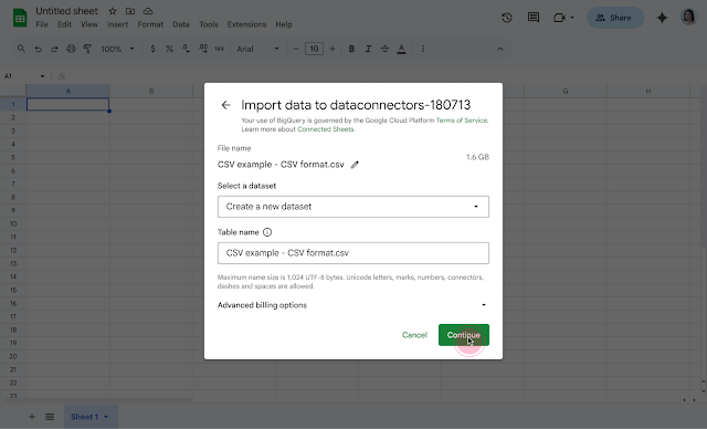 Part of the upload dialog when users choose to import a file to BigQuery via the Google Sheets interface
