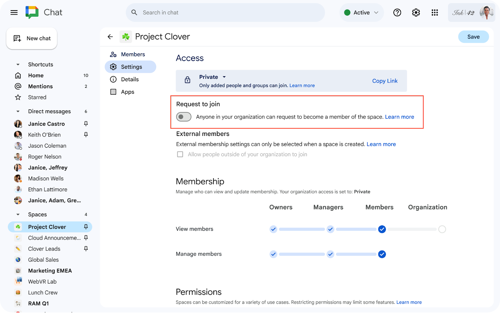 New permissions control in the space settings menu